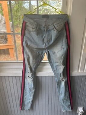 Light Blue Men's Jeans with Pink & Black Side Stripe